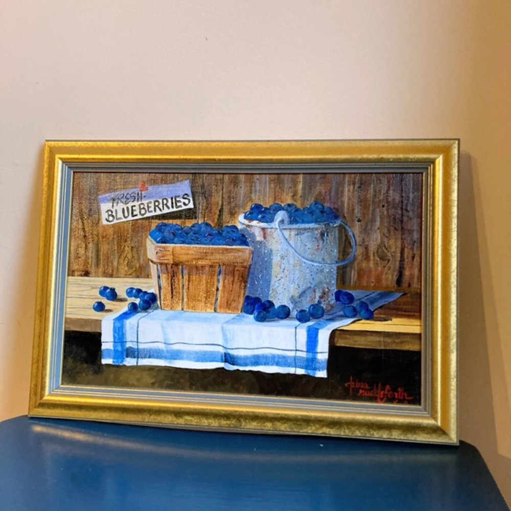 Vintage Debra Ruddeforth Fresh Blueberries Original Oil Painting on Board Signed